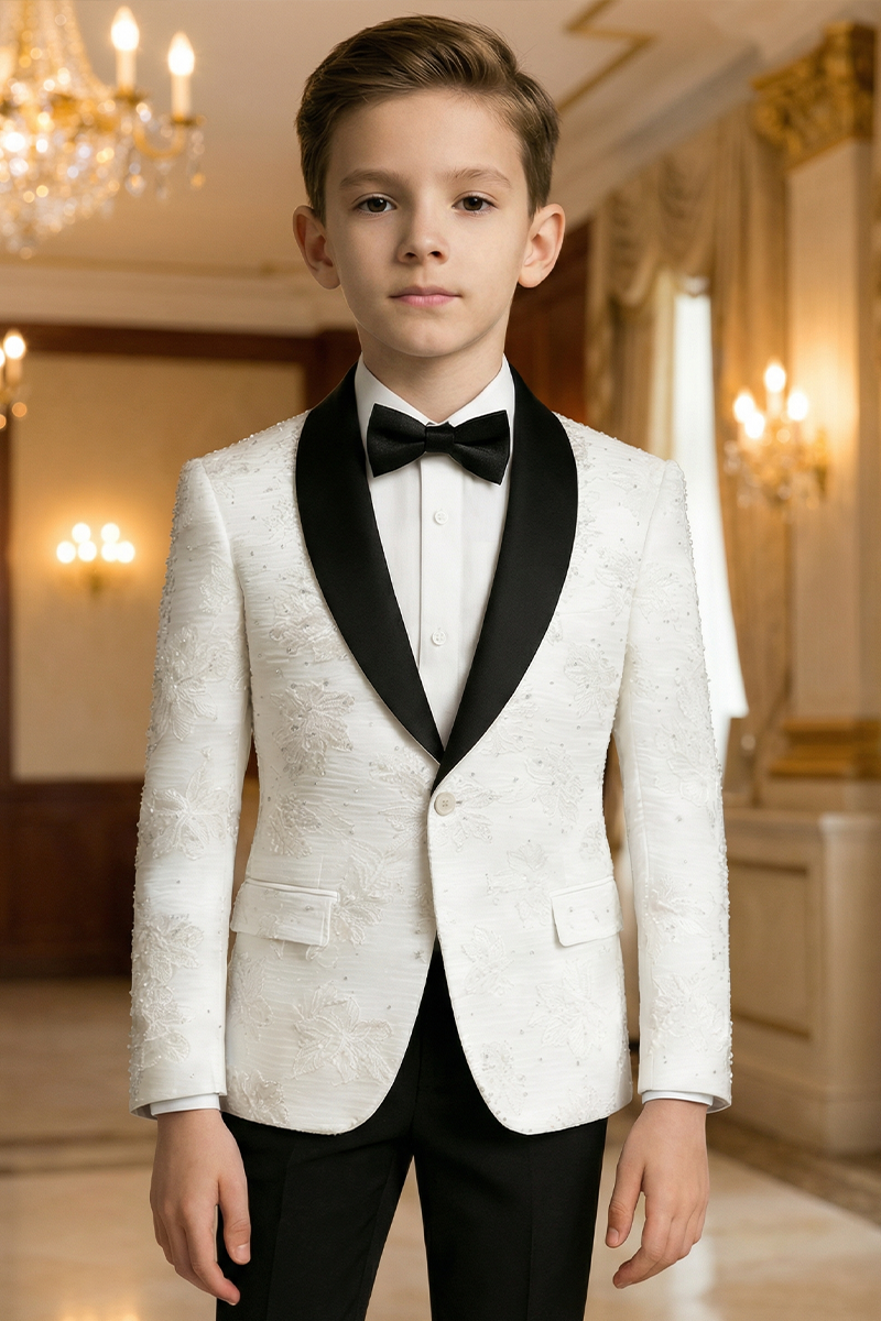 Boys White Textured Shawl Collar 2-Piece Tuxedo for Luxury Weddings & Galas