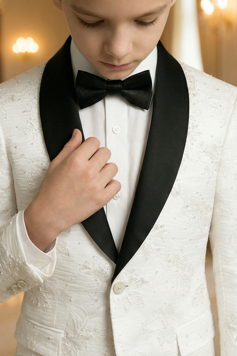 Boys White Textured Shawl Collar 2-Piece Tuxedo for Luxury Weddings & Galas