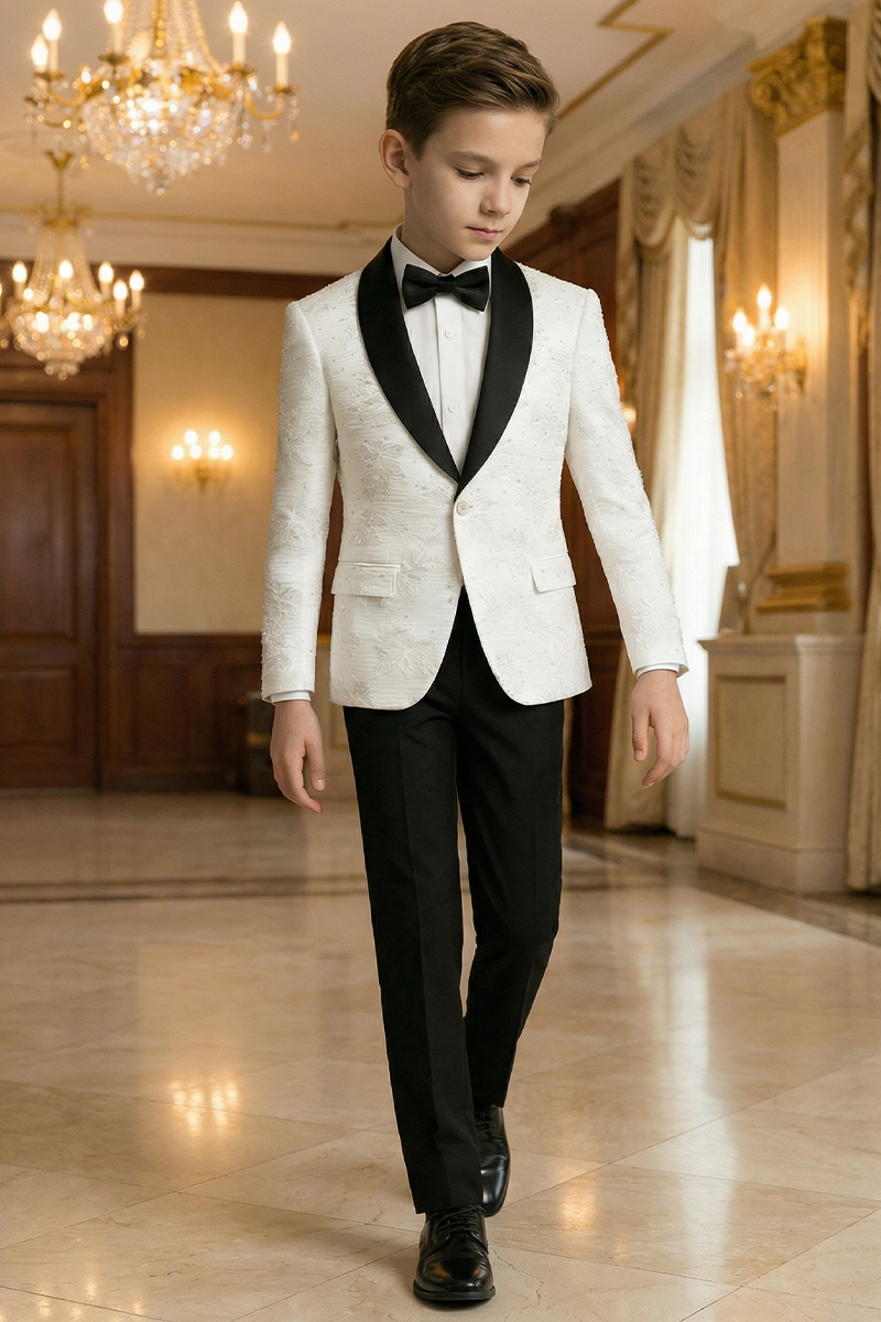 Boys White Textured Shawl Collar 2-Piece Tuxedo for Luxury Weddings & Galas