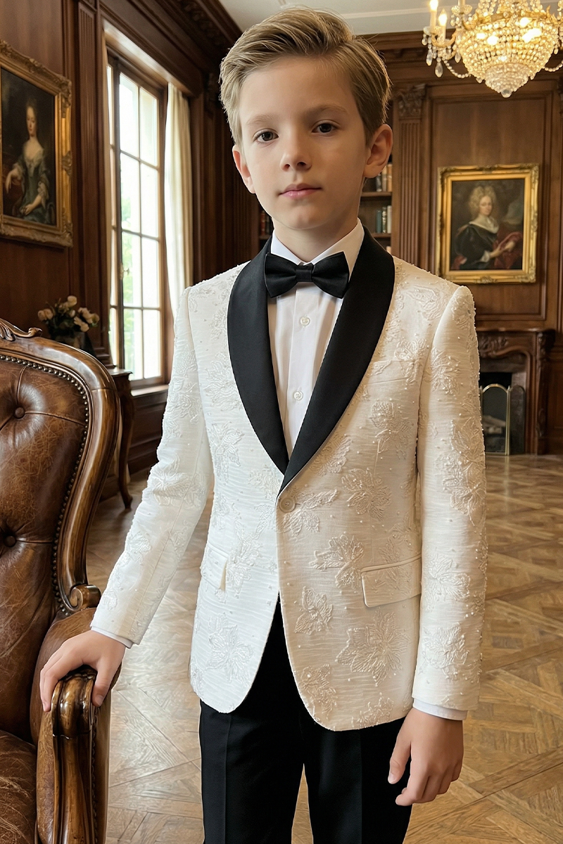 Boys White Textured Shawl Collar 2-Piece Tuxedo for Luxury Weddings & Galas