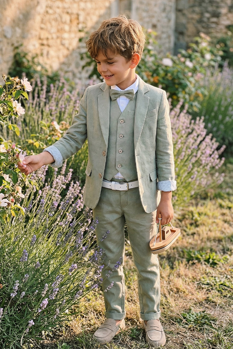 Boys Sage Green Linen 3-piece Suit