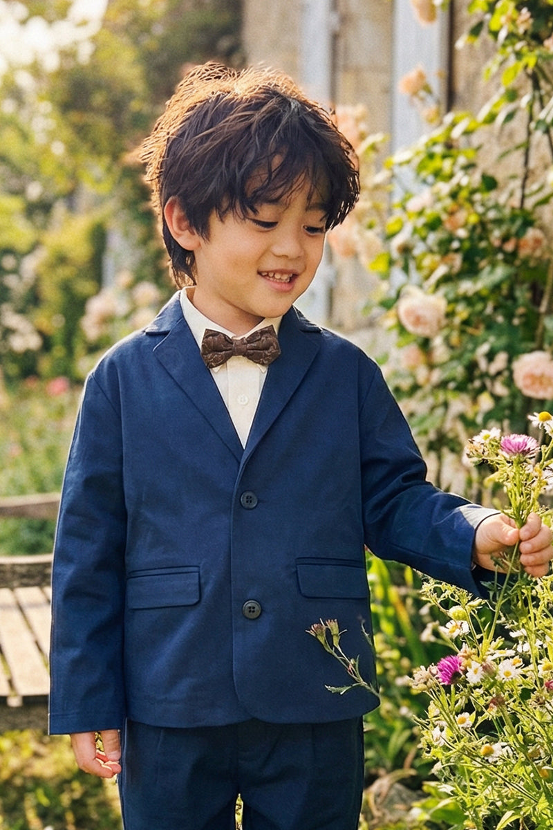Boys Navy Blue Fish-mouth Collar Single-breasted Blazer