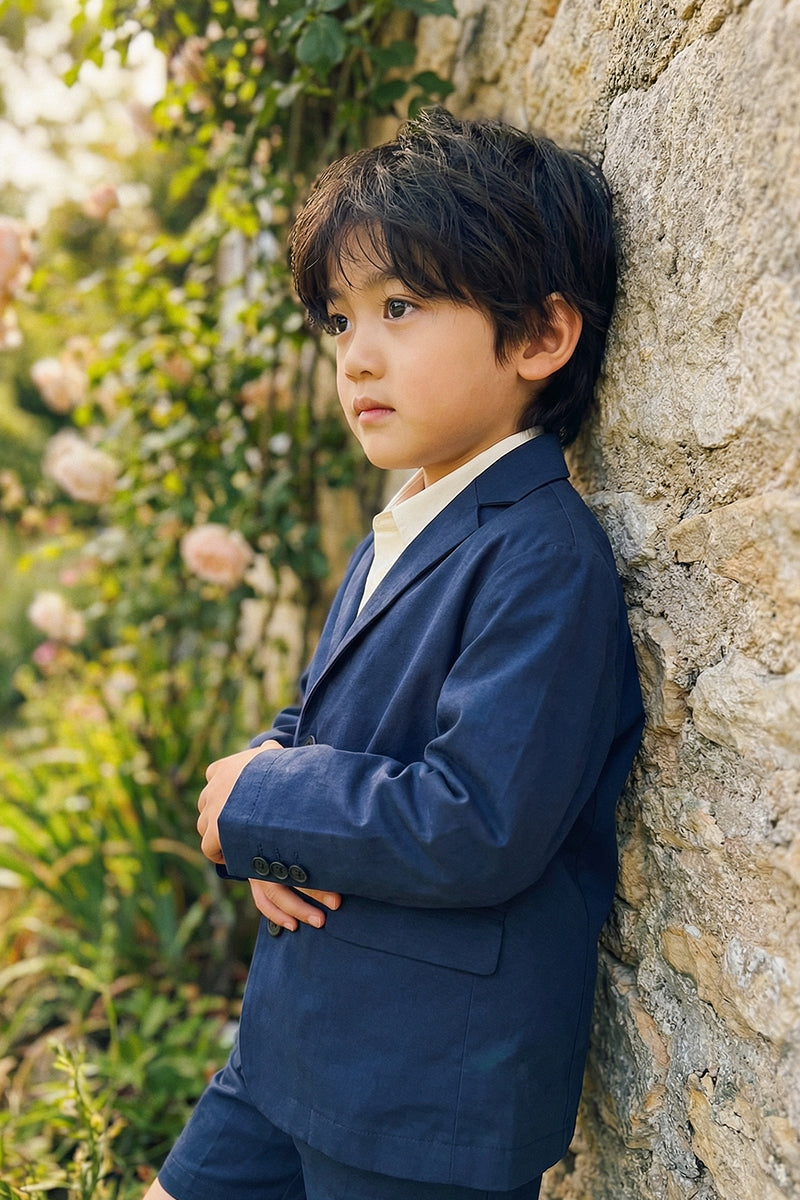 Boys Navy Blue Fish-mouth Collar Single-breasted Blazer