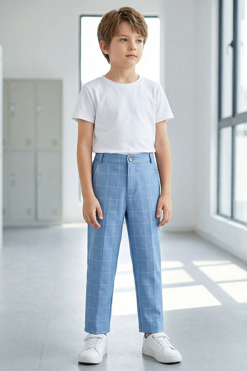 Boys Sky Blue Grid Pattern Trousers
