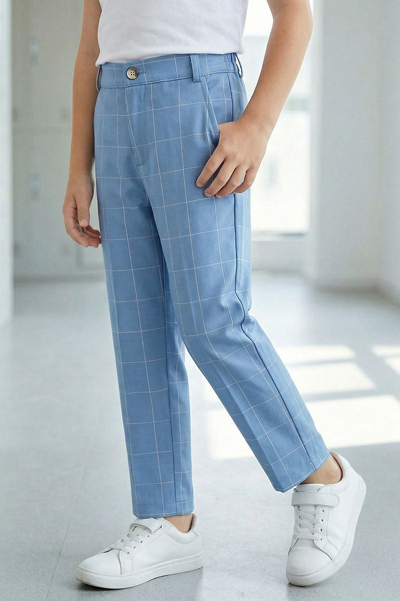 Boys Sky Blue Grid Pattern Trousers