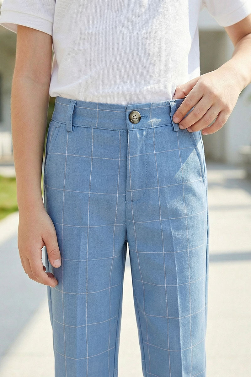 Boys Sky Blue Grid Pattern Trousers