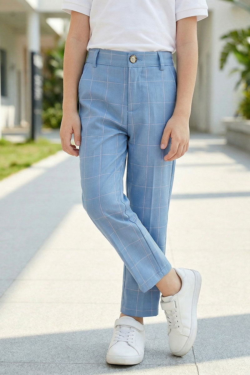 Boys Sky Blue Grid Pattern Trousers