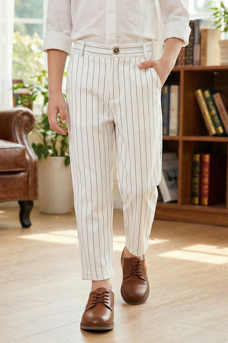 Boys White & Navy Striped Trousers