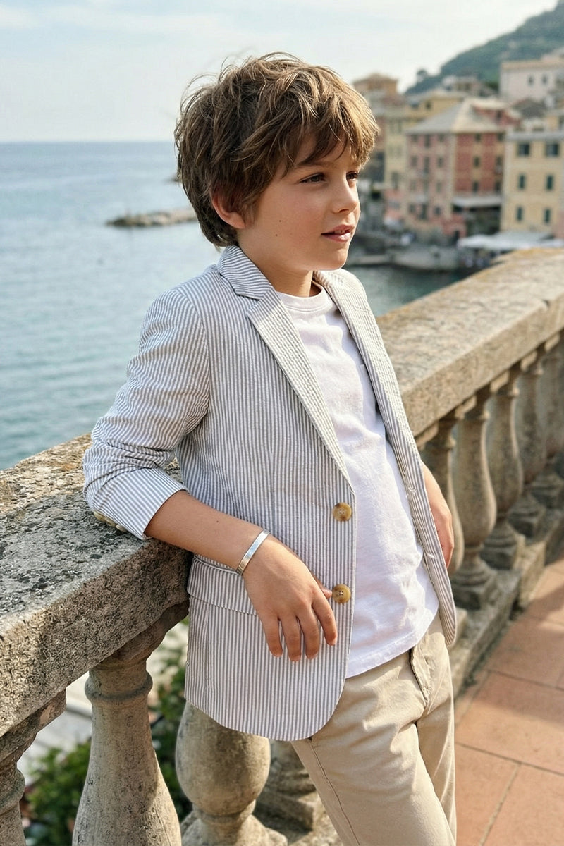 Boys White And Grey Pinstripe Linen Blazer