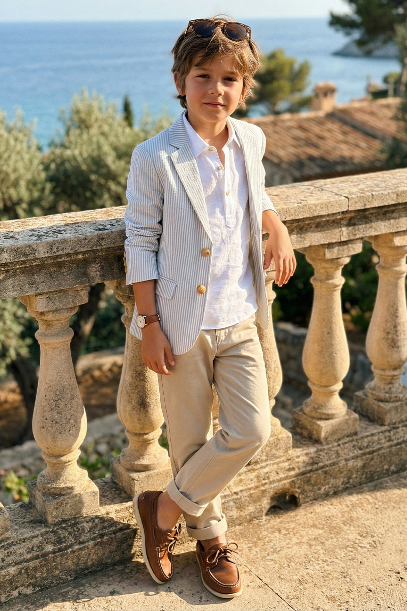 Boys White And Grey Pinstripe Linen Blazer