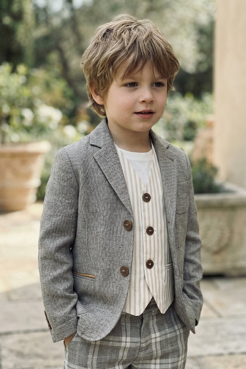 Boys Gray Elbow Patch With Brown Suede Fabric Single-breasted Blazer