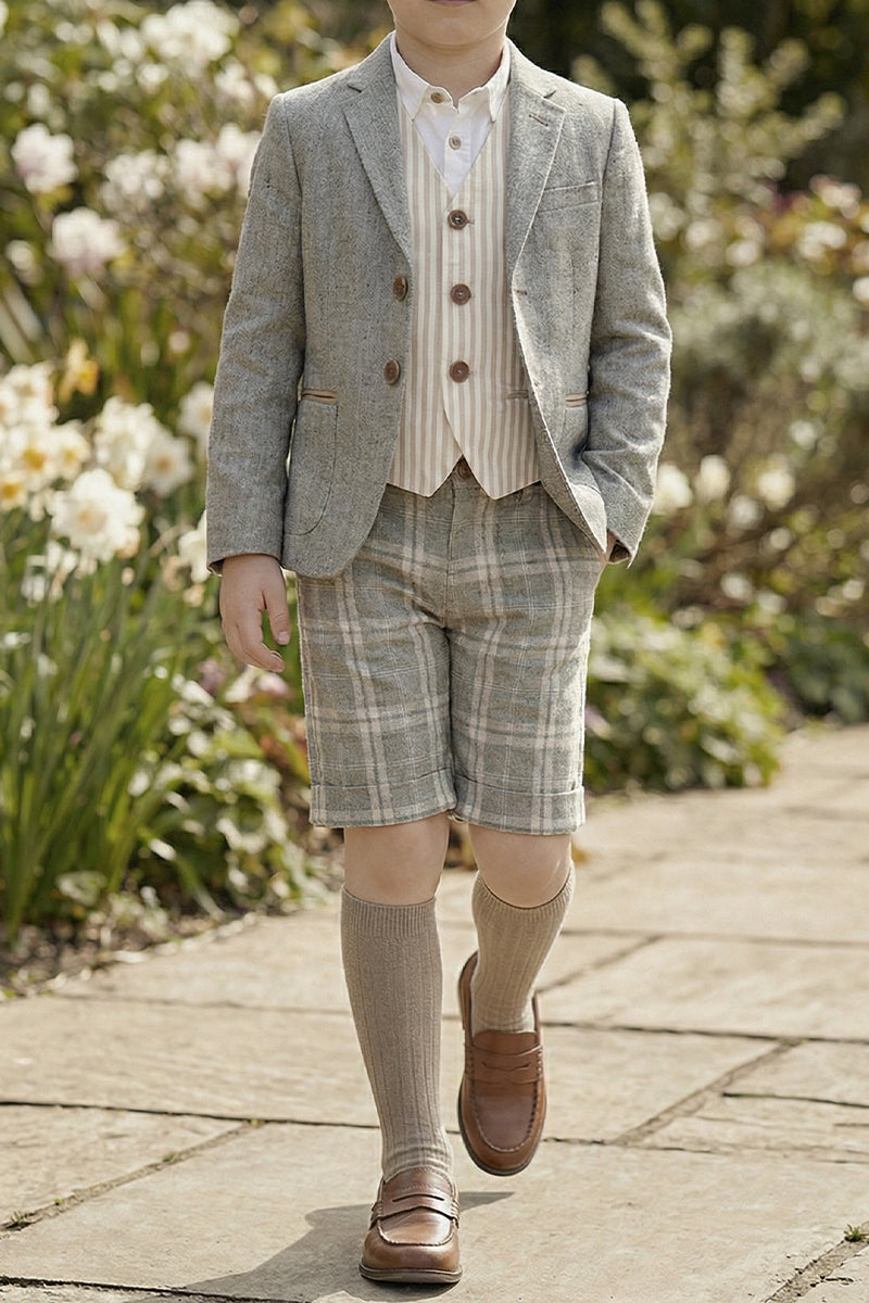 Boys Gray Elbow Patch With Brown Suede Fabric Single-breasted Blazer