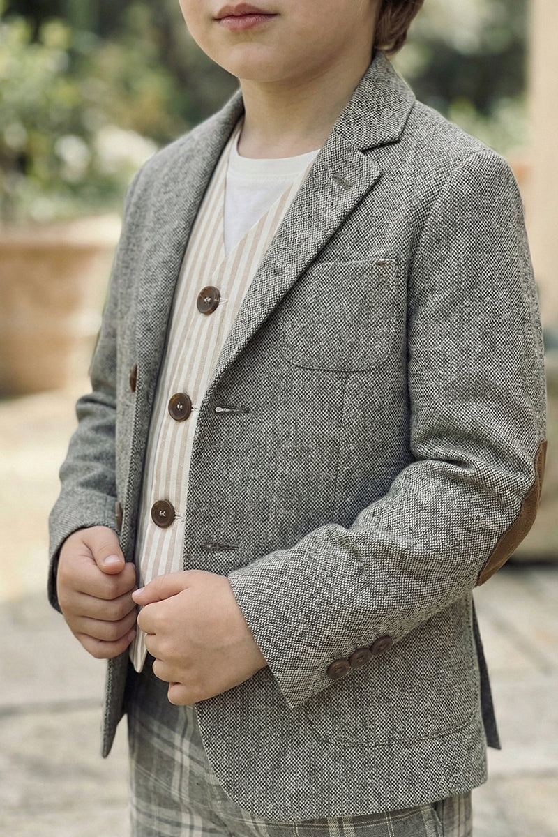 Boys Gray Elbow Patch With Brown Suede Fabric Single-breasted Blazer