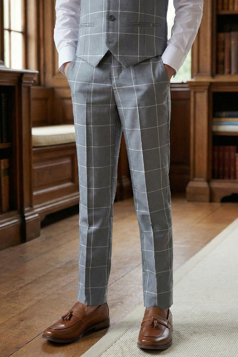 Boys Grey Checkered Tailored Trousers