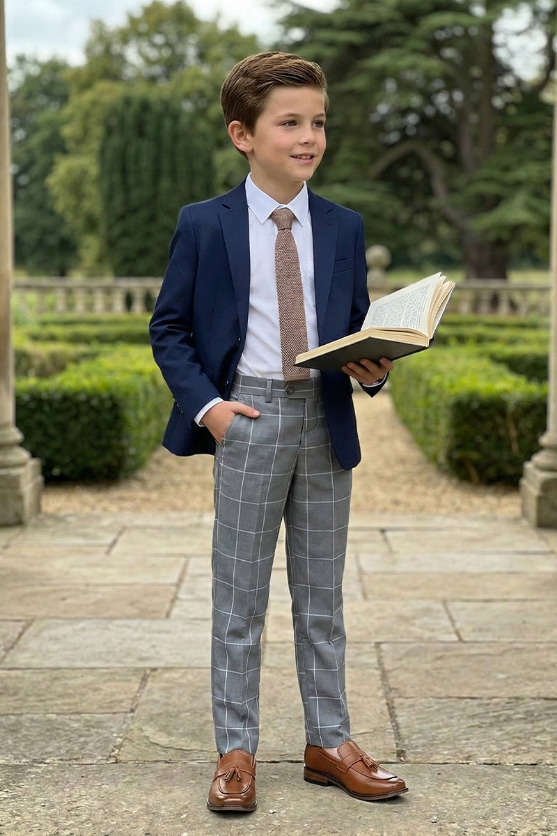 Boys Grey Checkered Tailored Trousers