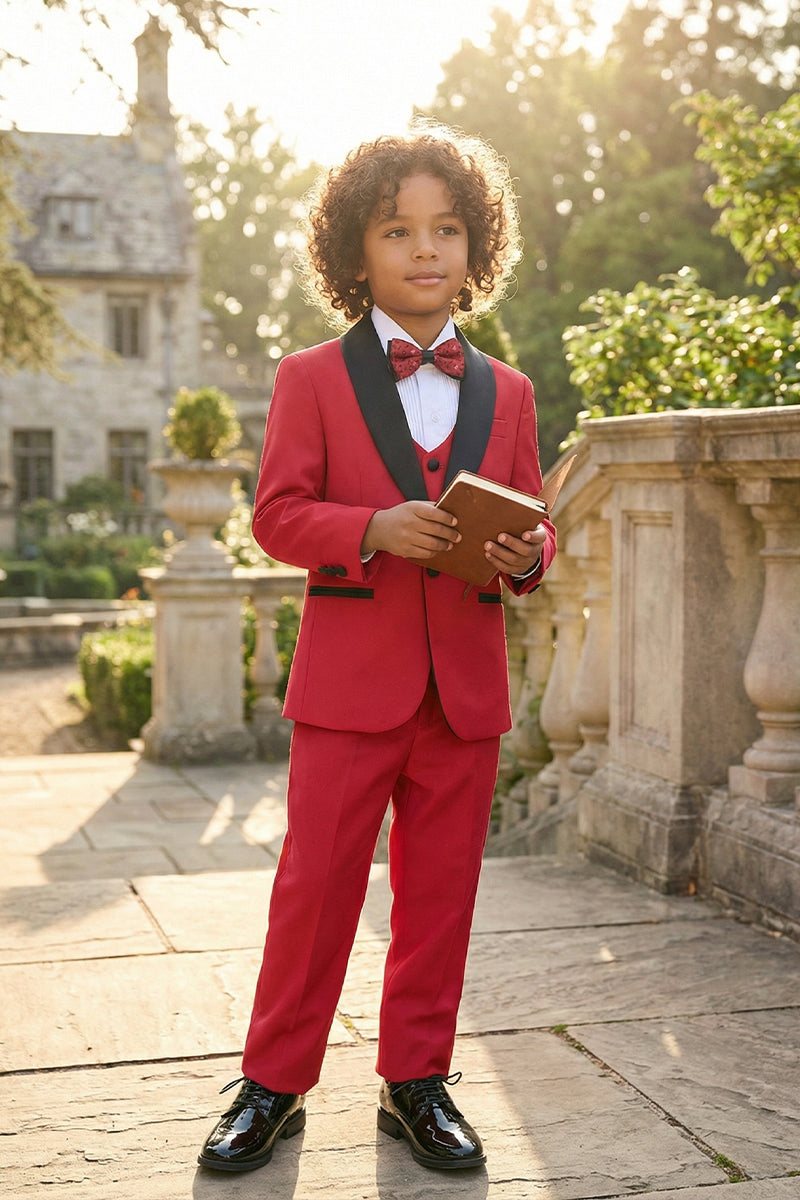 Boys Red Single-breasted 3-piece Suit