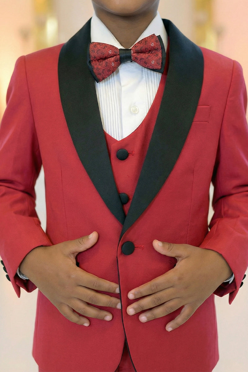 Boys Red Single-breasted 3-piece Suit