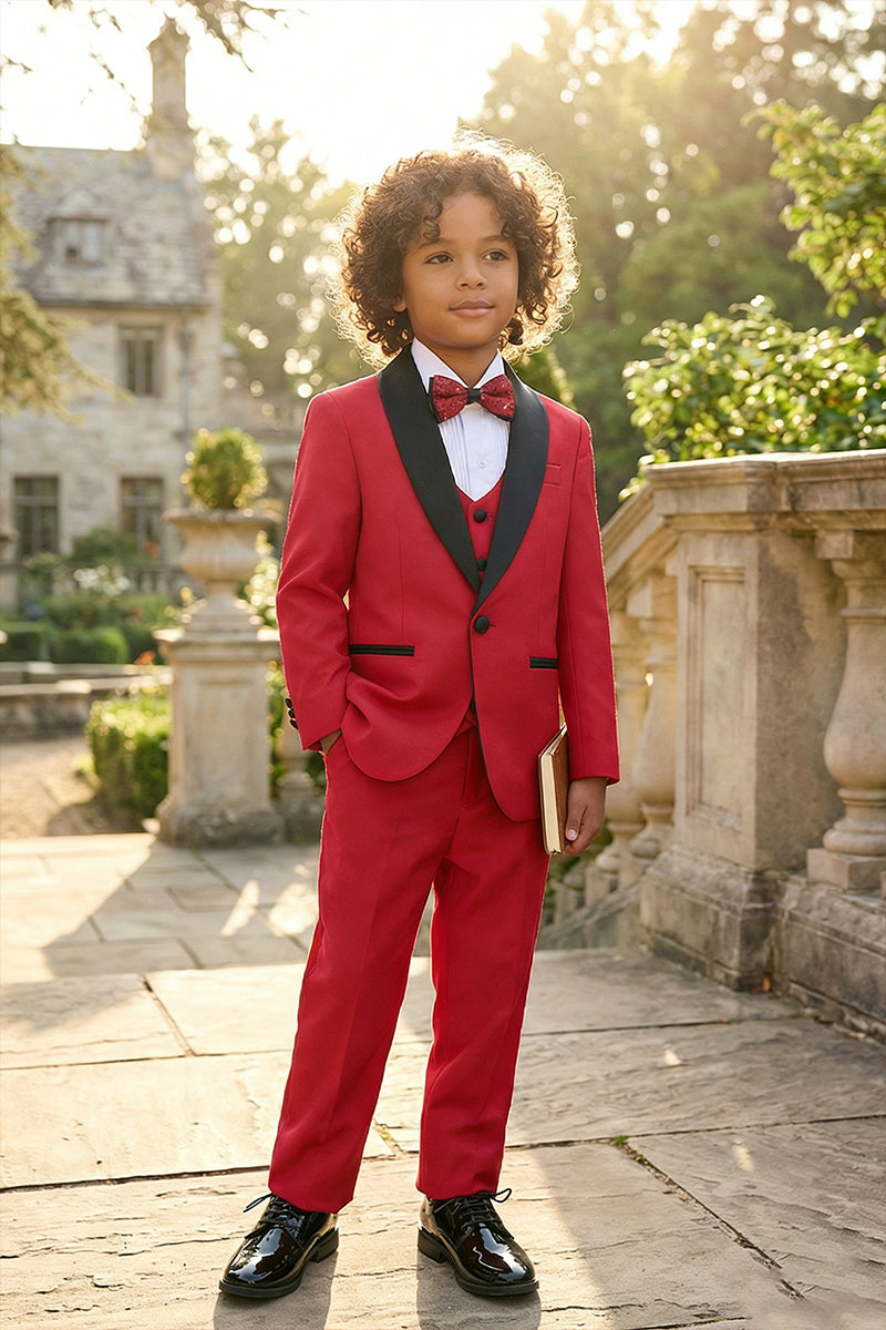 Boys Red Single-breasted 3-piece Suit