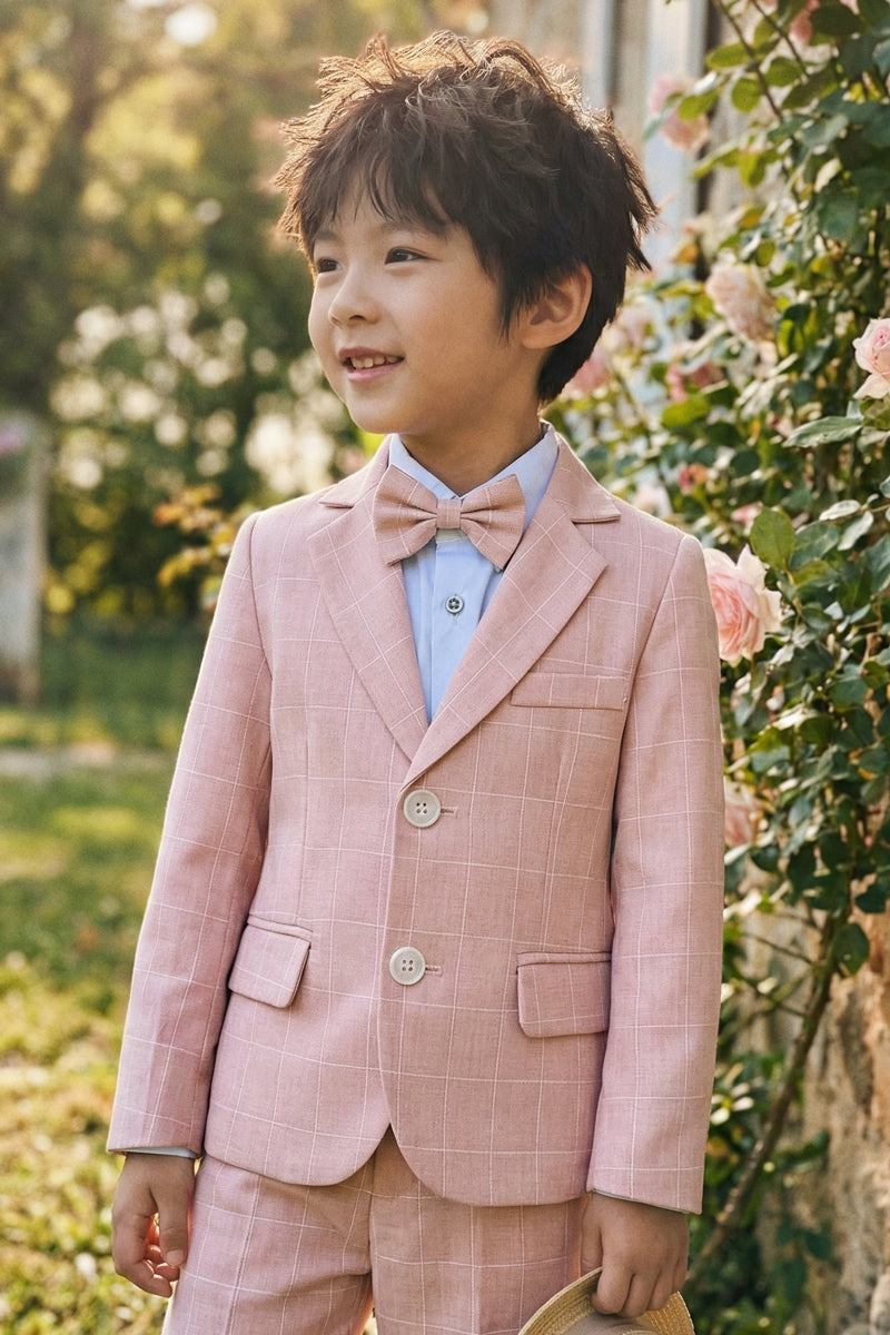 Boys Pink Plaid Linen Single-breasted Blazer