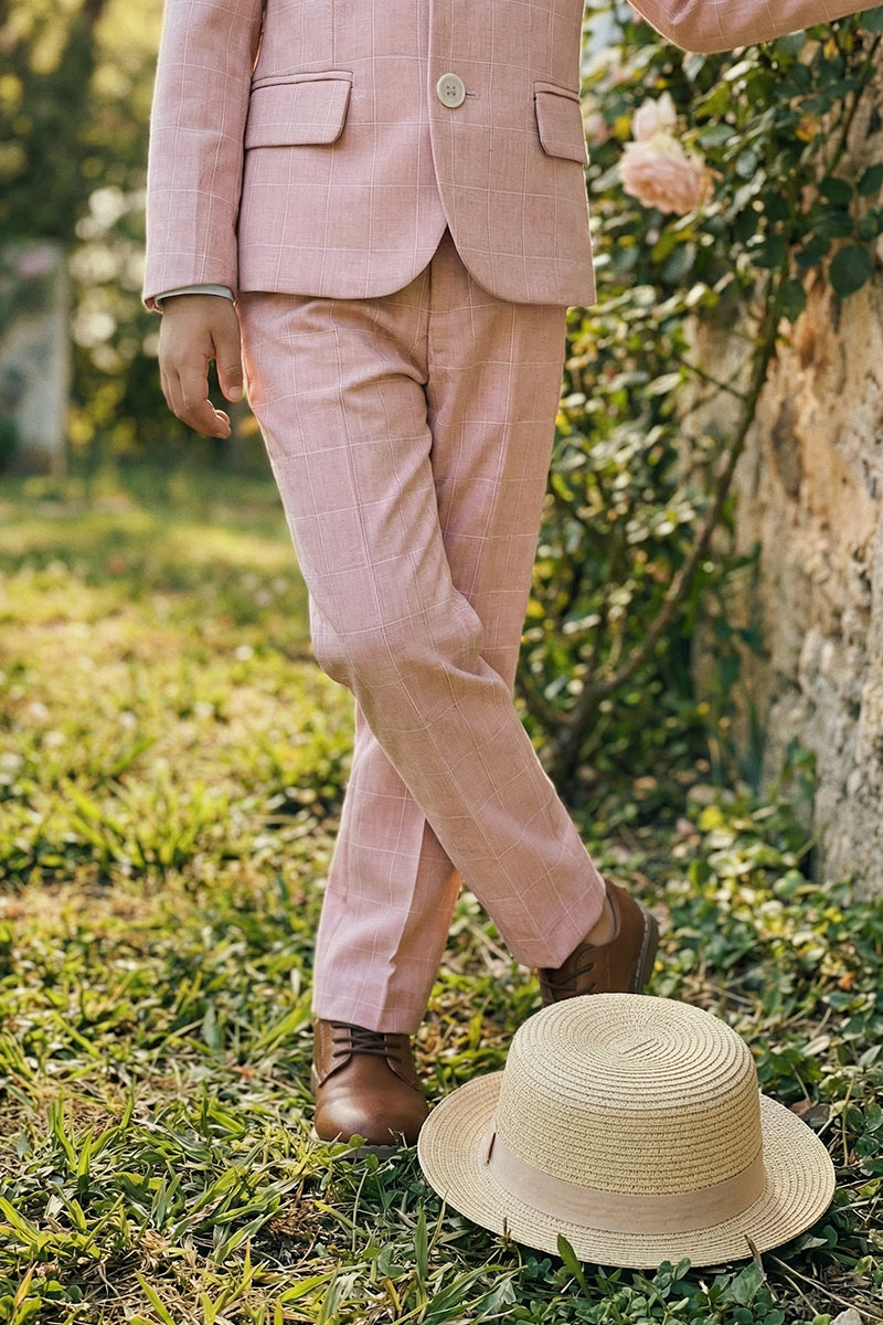 Boys Pink Plaid Linen Straight Fit Trousers
