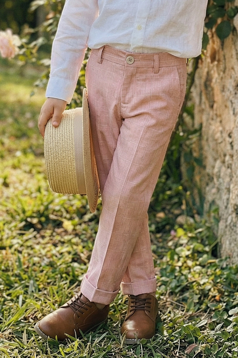 Boys Pink Plaid Linen Straight Fit Trousers