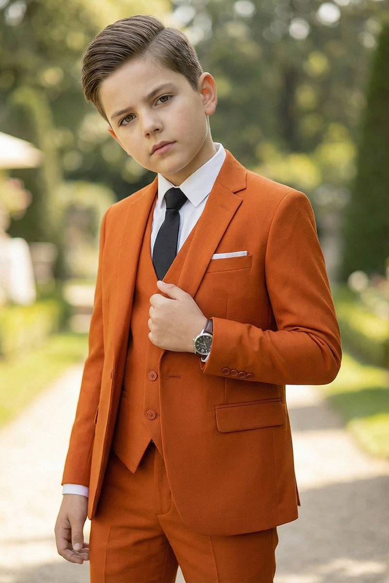 Boys Burnt Orange Single-breasted 3-piece Suit