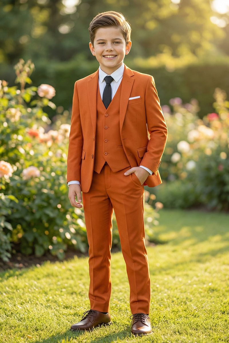 Boys Burnt Orange Single-breasted 3-piece Suit