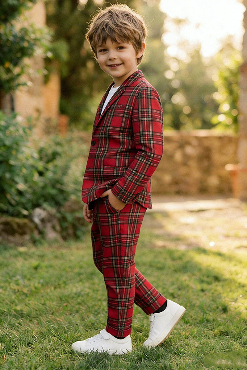 Boys Red Tartan Plaid Single-breasted 2-piece Suits