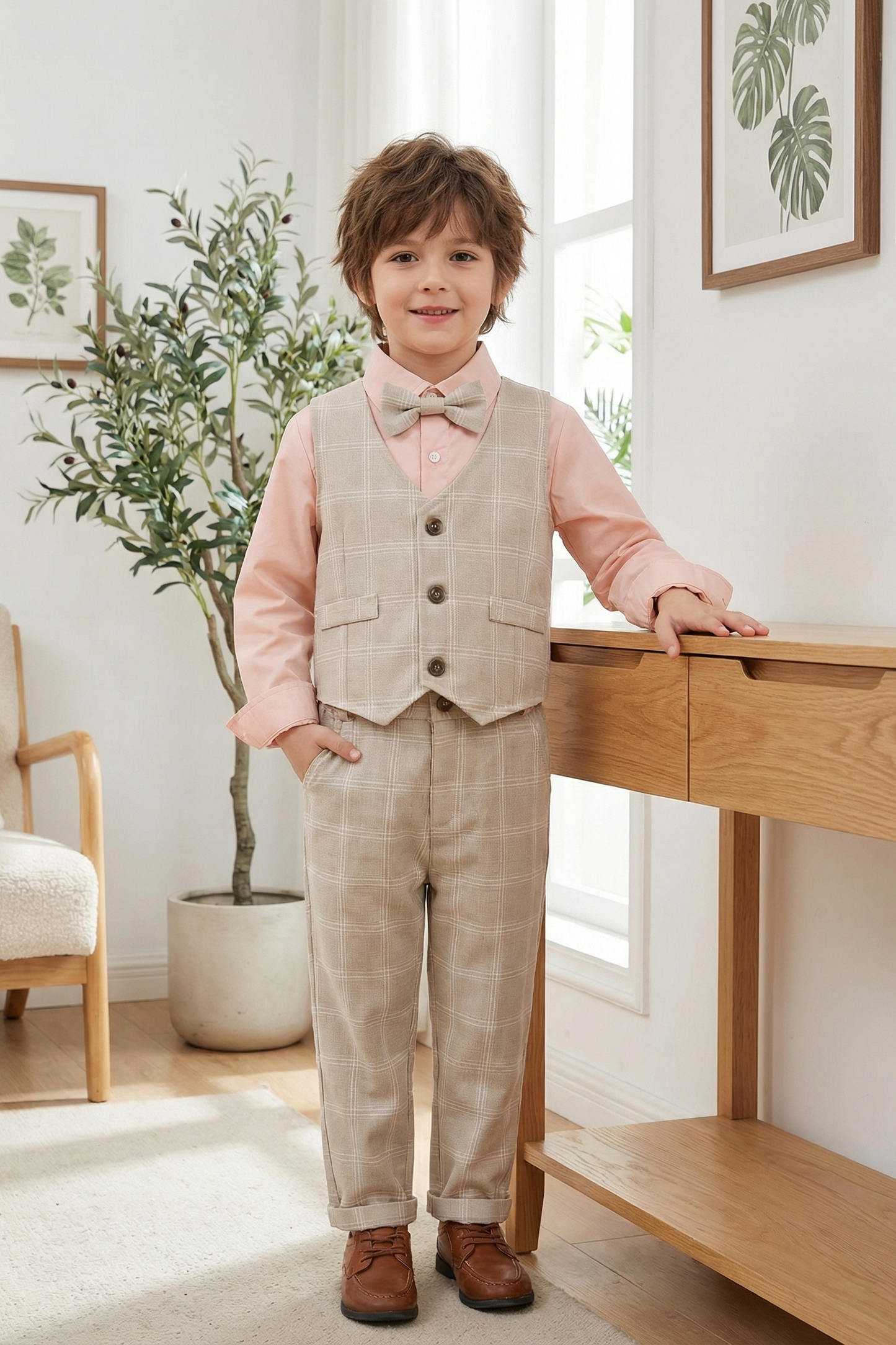 Boys' Casual Cute Vest, Shirt, And Pants Three-Piece Set