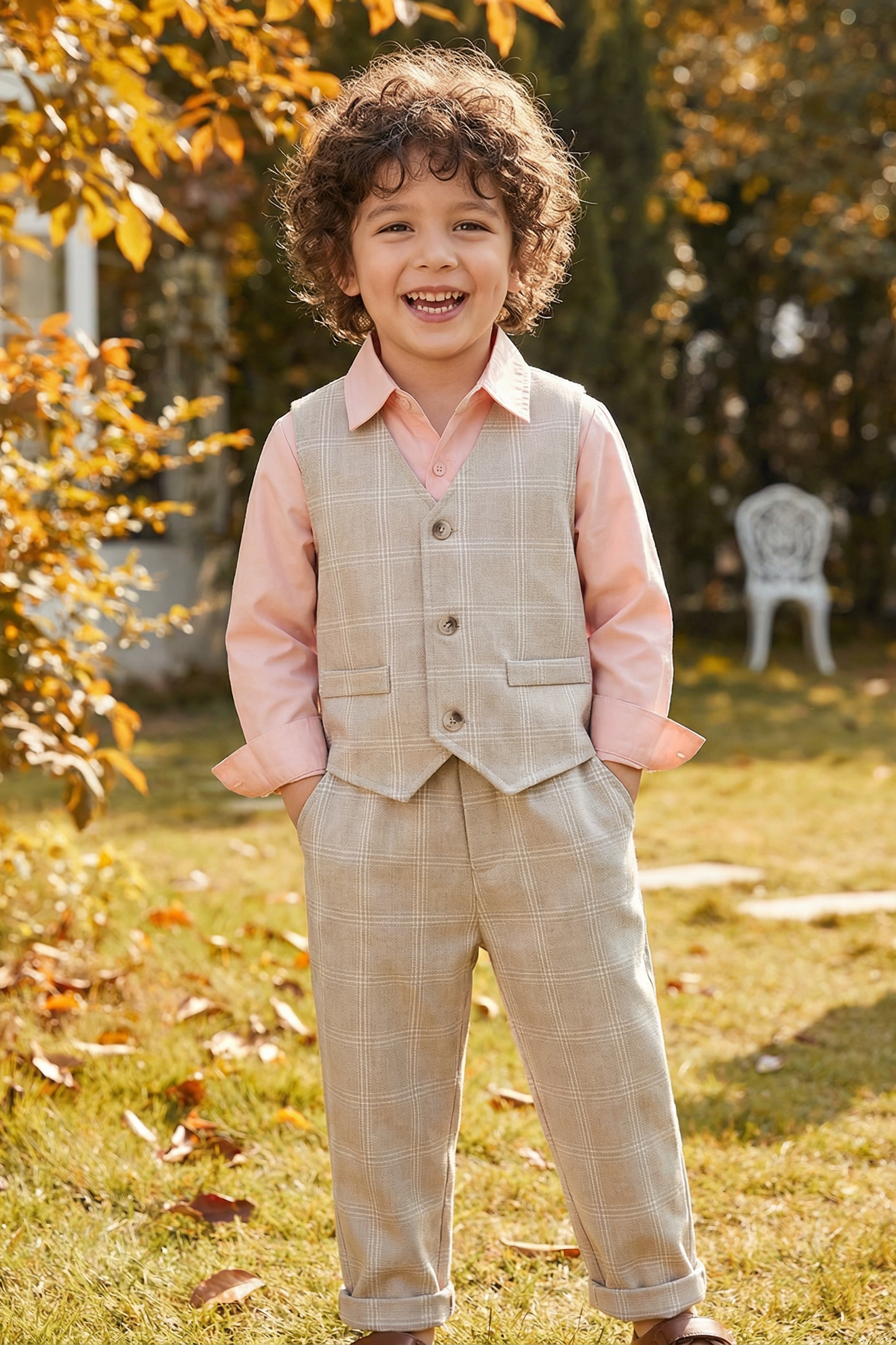 Boys' Casual Cute Vest, Shirt, And Pants Three-Piece Set