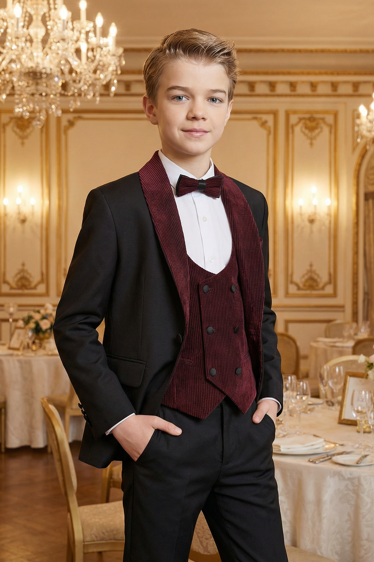 Boys Retro Luxury Patchwork Corduroy Suit Three Piece Set