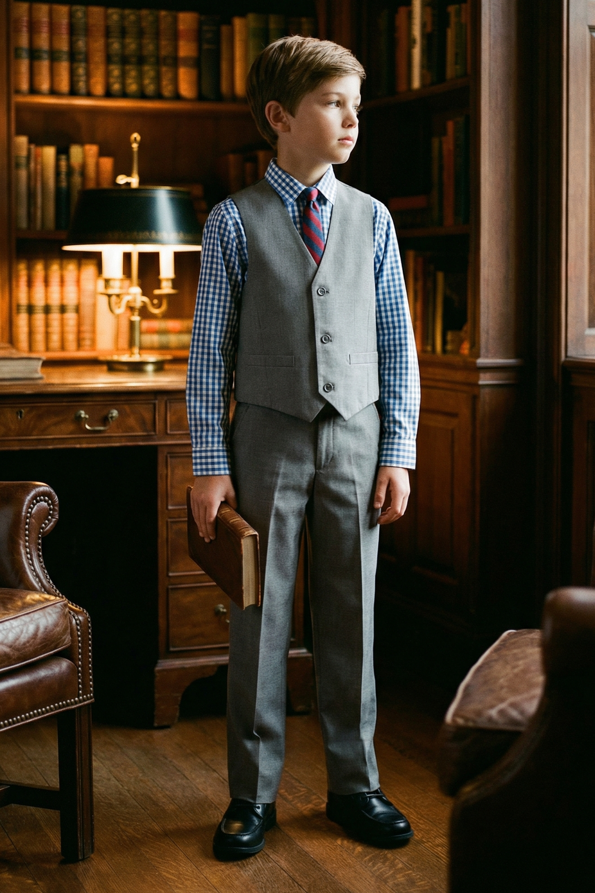 Boys' Fashionable Checkered Simple And Comfortable Shirt And Vest Three-Piece Set