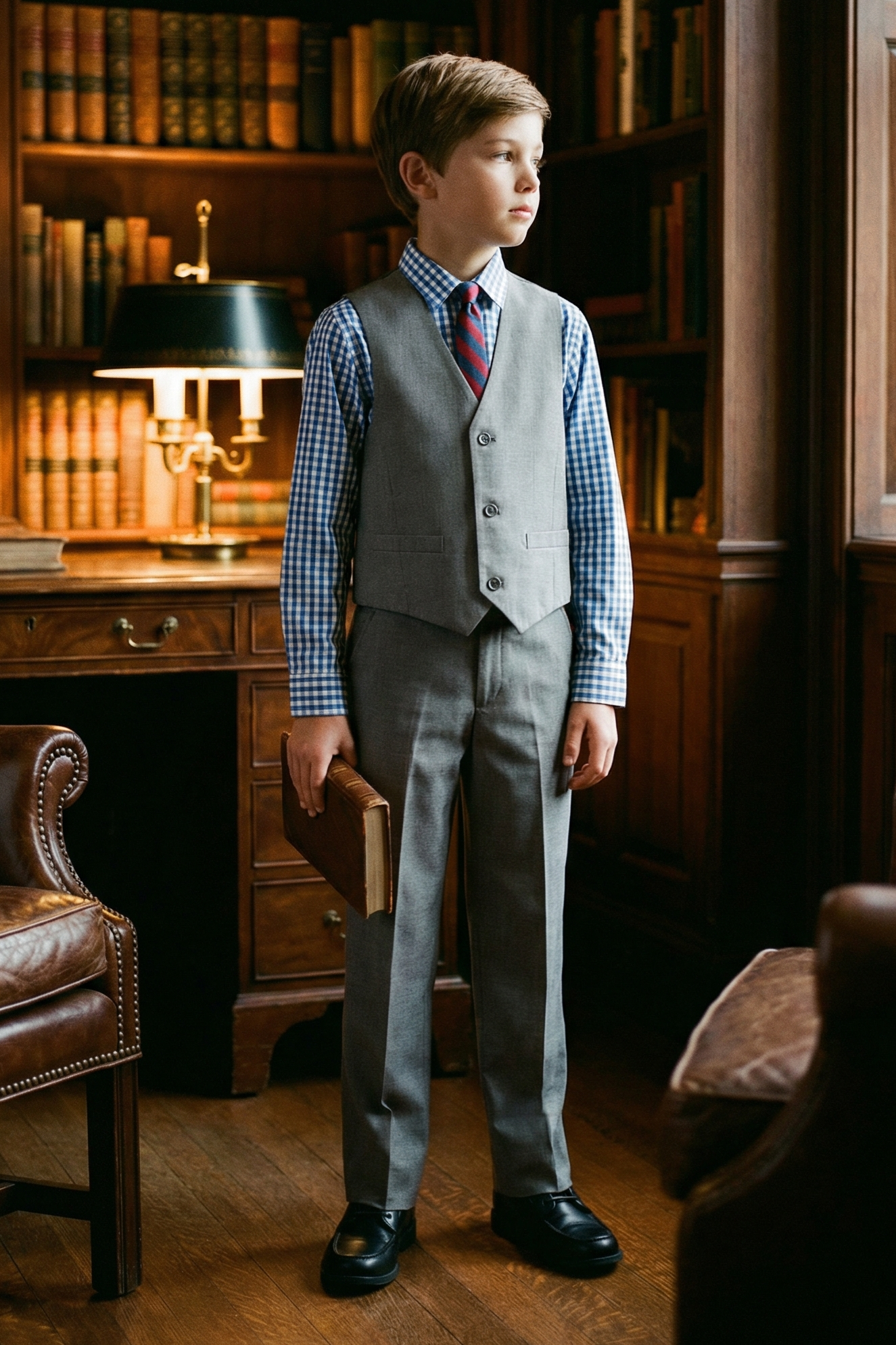 Boys' Fashionable Checkered Simple And Comfortable Shirt And Vest Three-Piece Set