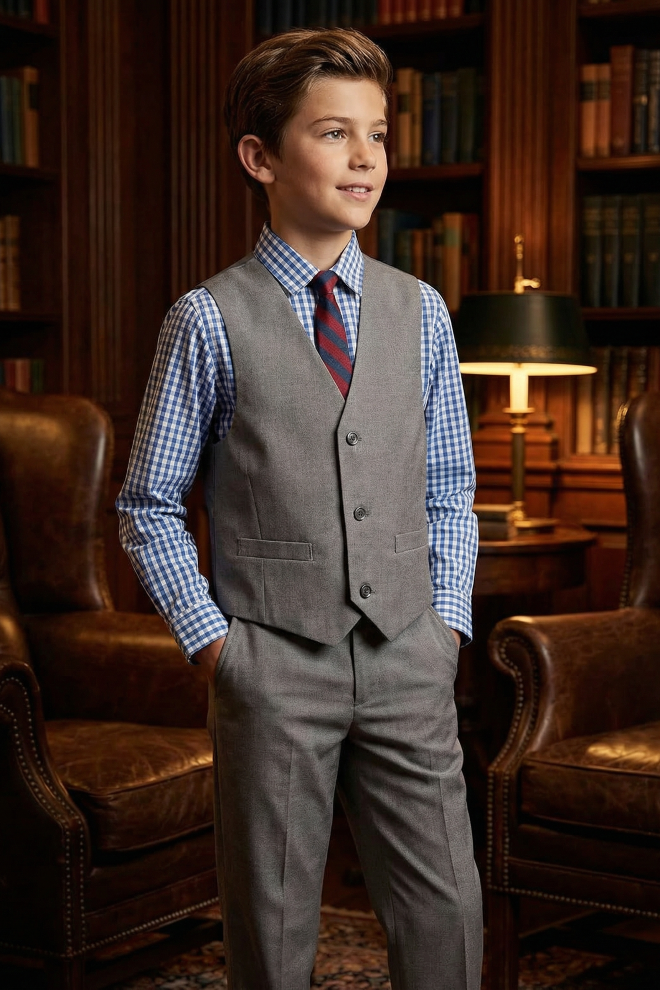Boys' Fashionable Checkered Simple And Comfortable Shirt And Vest Three-Piece Set