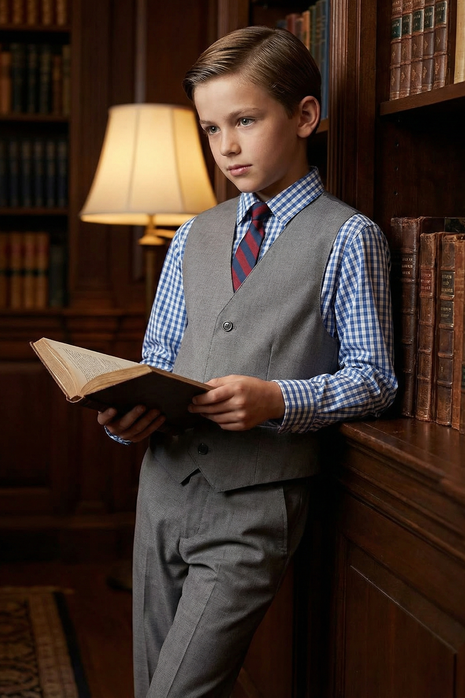 Boys' Fashionable Checkered Simple And Comfortable Shirt And Vest Three-Piece Set