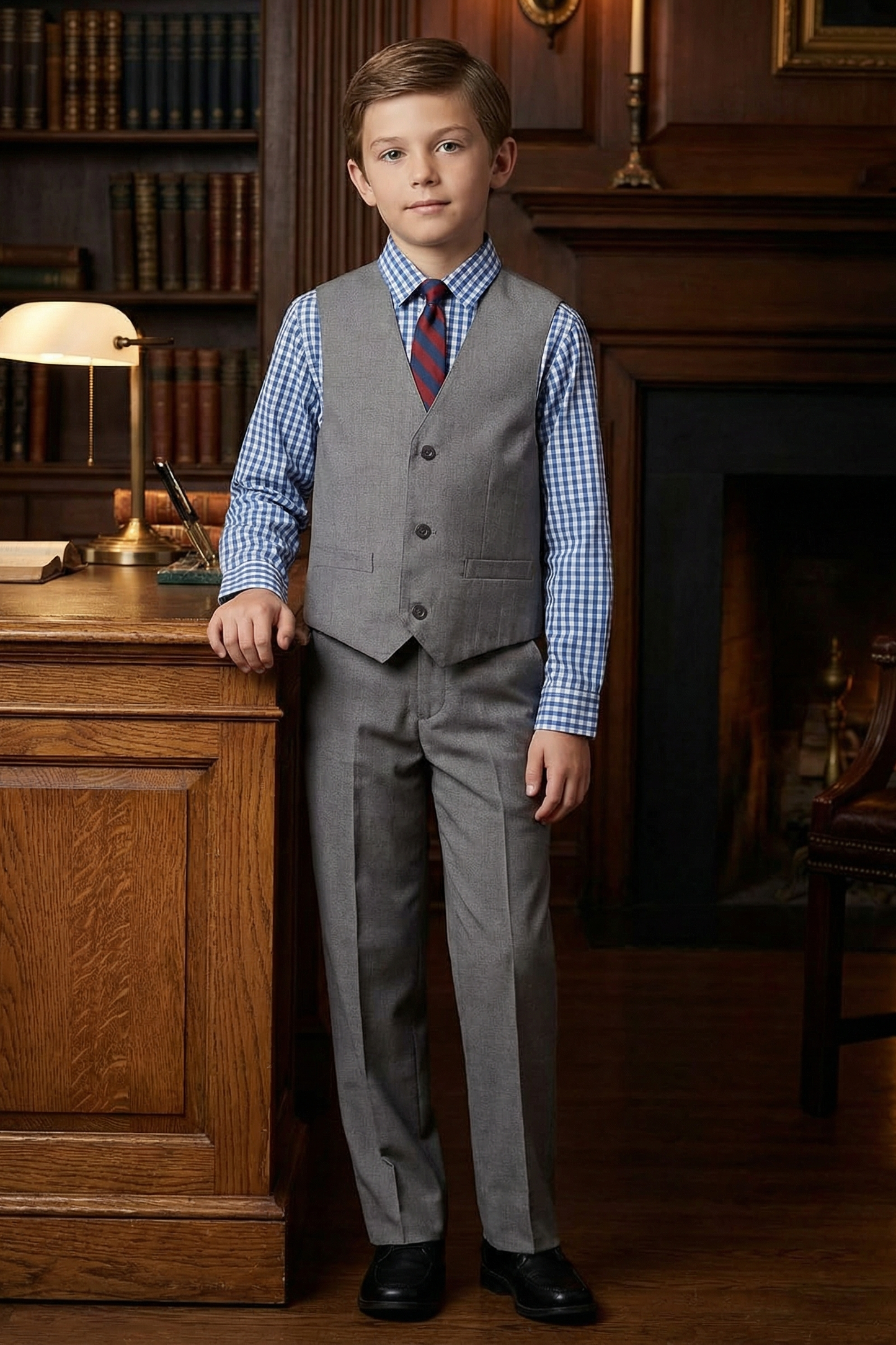 Boys' Fashionable Checkered Simple And Comfortable Shirt And Vest Three-Piece Set