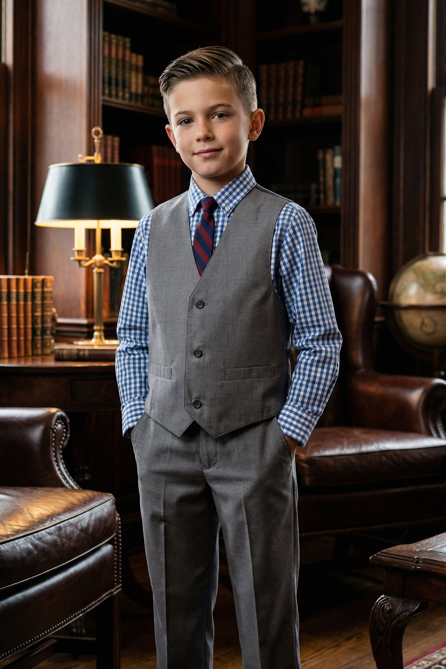 Boys' Fashionable Checkered Simple And Comfortable Shirt And Vest Three-Piece Set