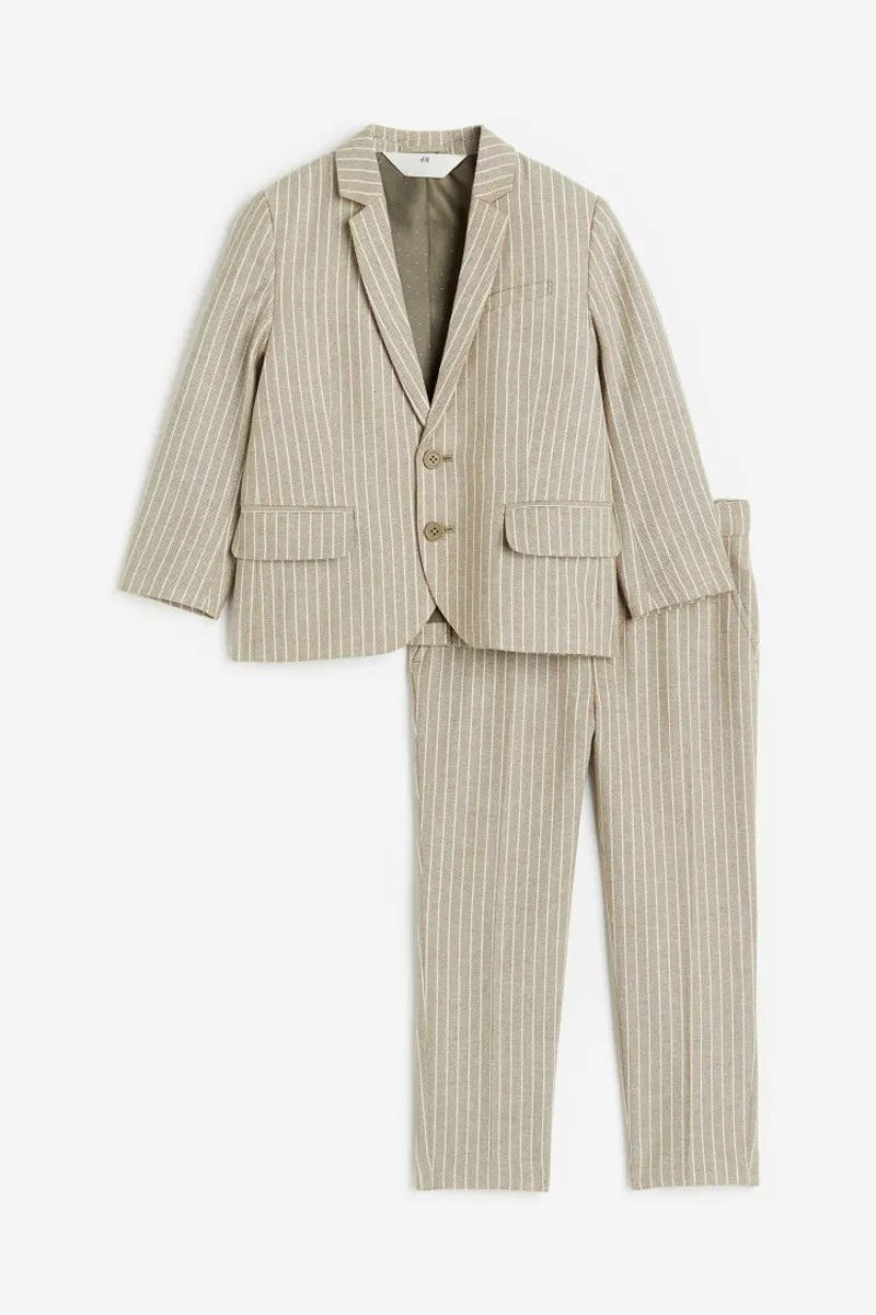 Boys Beige Pinstripe Linen-blend Single-breasted 2-piece Suits