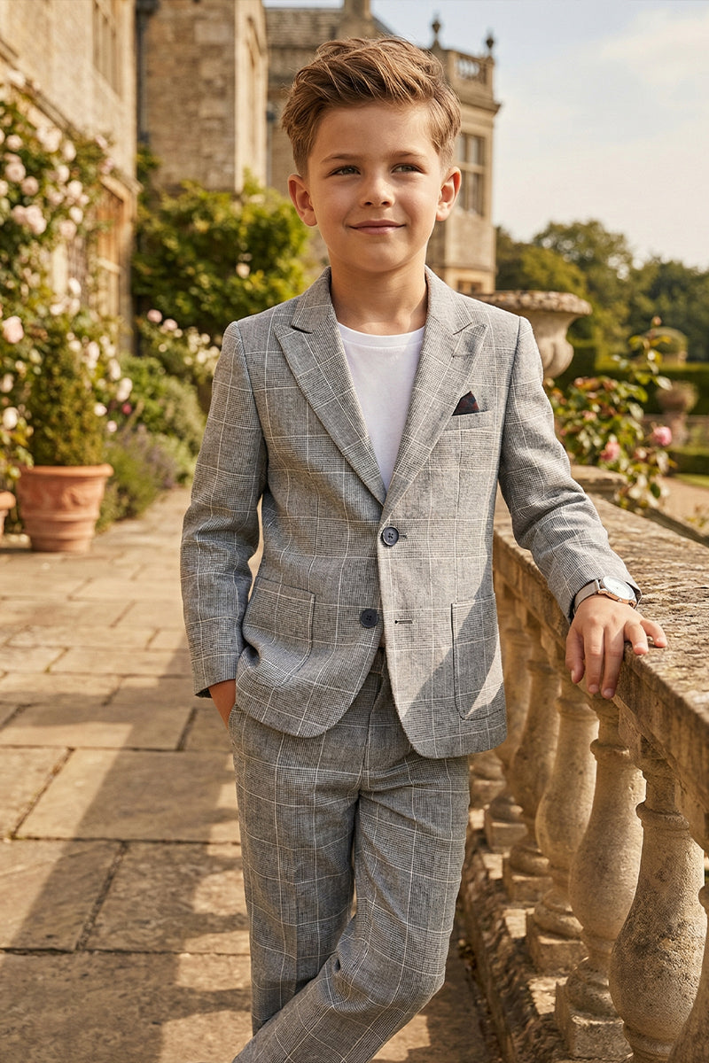 Boys Grey Windowpane Check Single-breasted 2-piece Suits