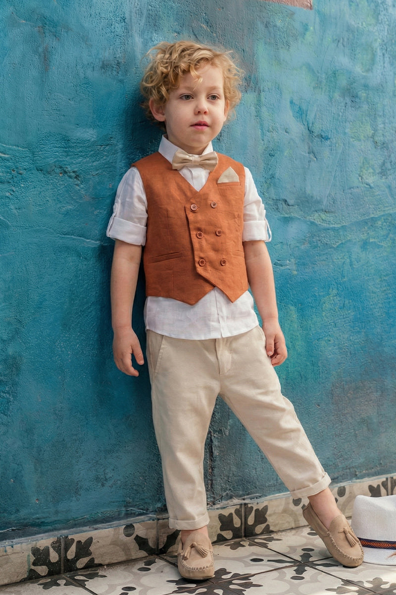 Boys Reddish Linen Blend Double-breasted Vest