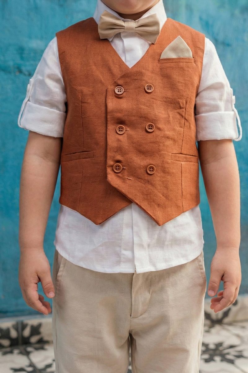 Boys Reddish Linen Blend Double-breasted Vest