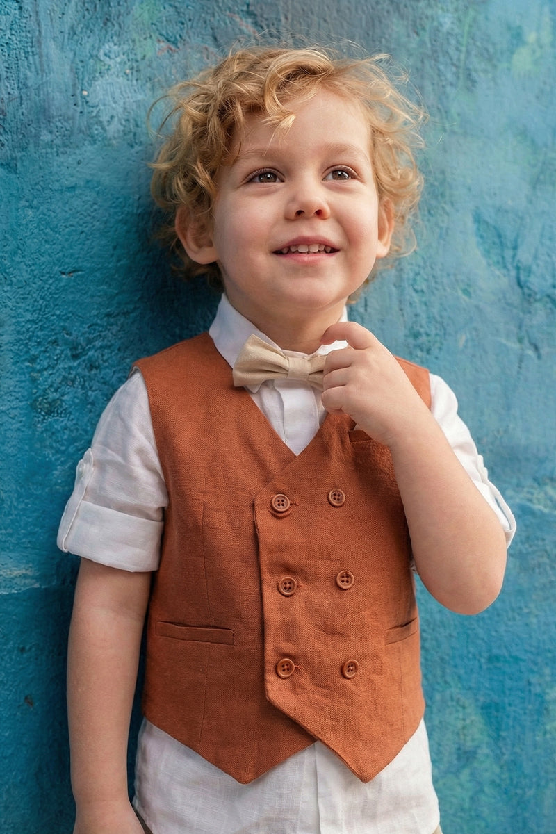 Boys Reddish Linen Blend Double-breasted Vest
