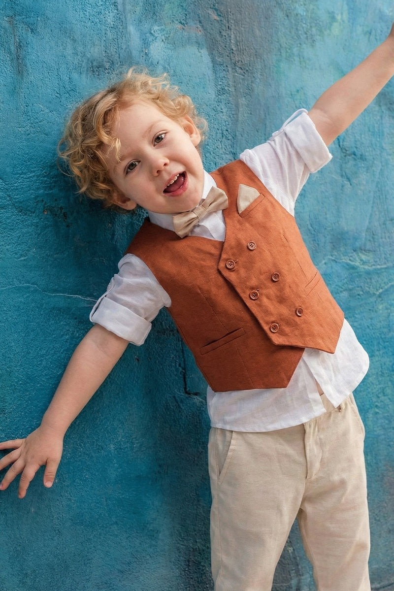 Boys Reddish Linen Blend Double-breasted Vest