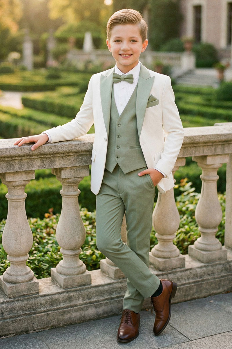 Boys White Blazer & Sage Green Trousers 3-Piece Suit