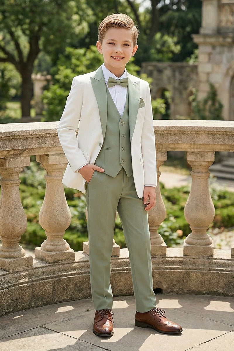 Boys White Blazer & Sage Green Trousers 3-Piece Suit