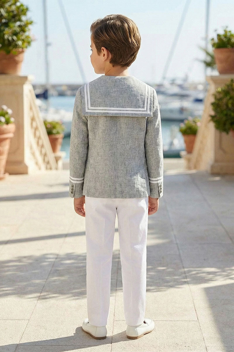 Boys Grey Blazer & White Trousers 2-Piece Suit