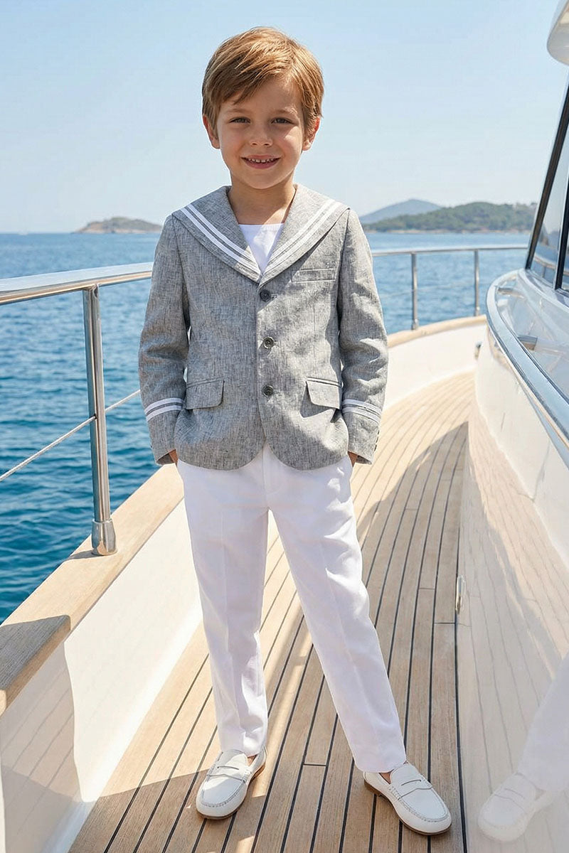 Boys Grey Blazer & White Trousers 2-Piece Suit