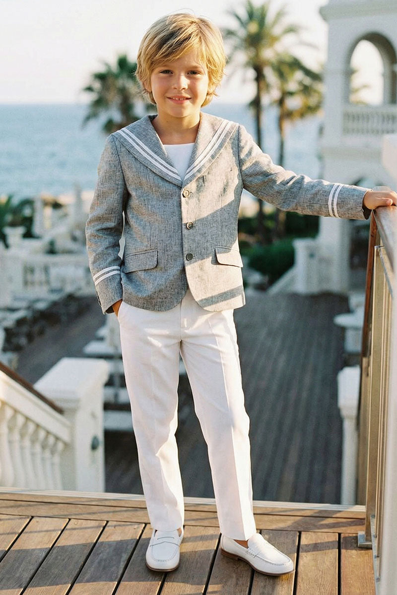 Boys Grey Blazer & White Trousers 2-Piece Suit