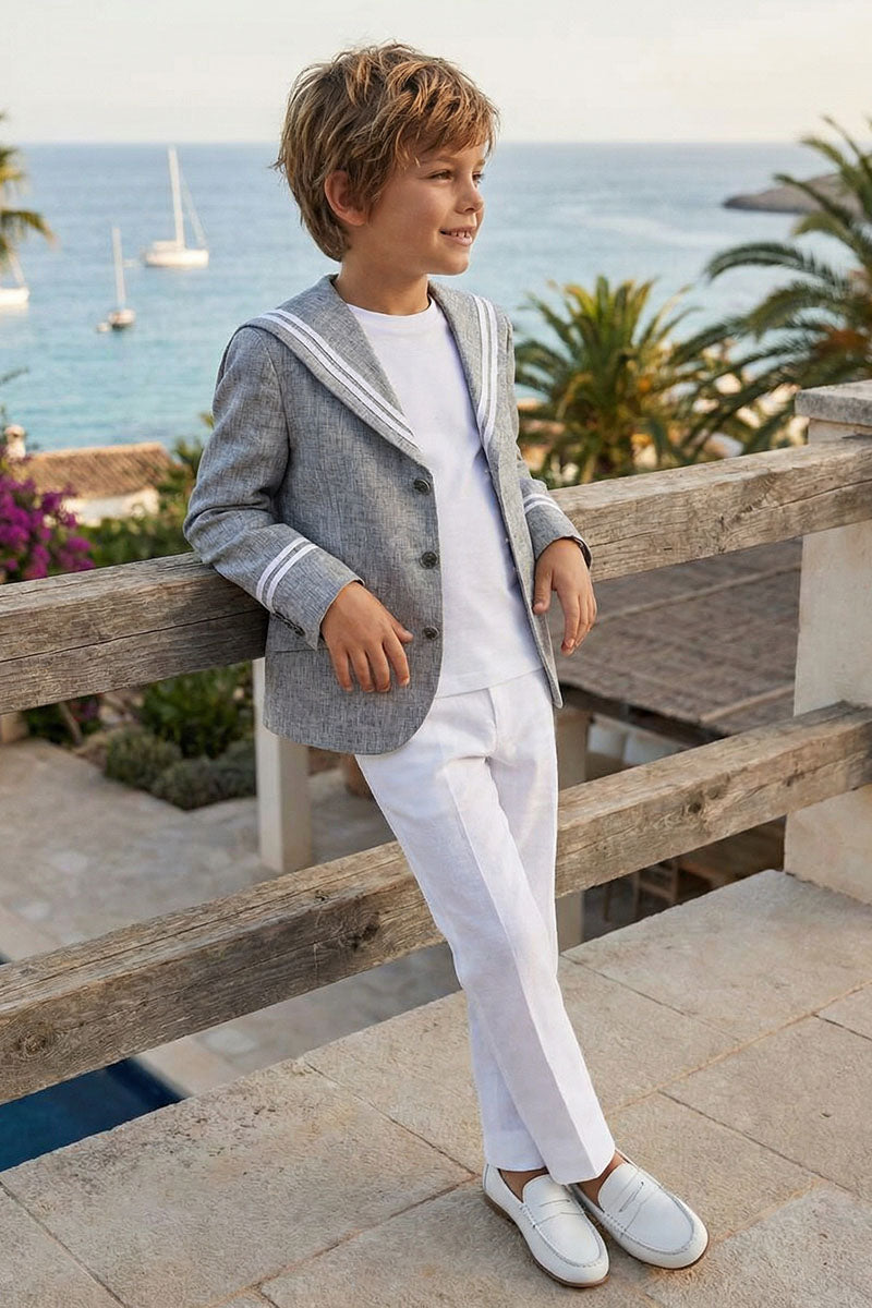 Boys Grey Blazer & White Trousers 2-Piece Suit