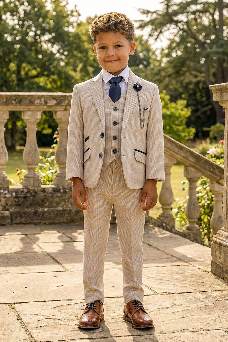 Boys Beige Check 3-Piece Suit for Formal Receptions